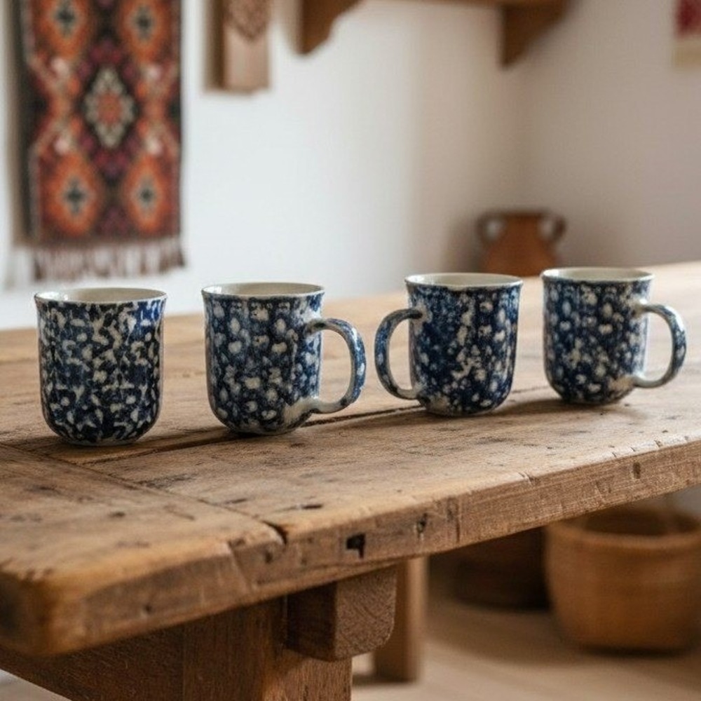 Tienshan Folk Craft Animal Coffee Cups, Set of 4, Vintage Blue Ceramic Sponge